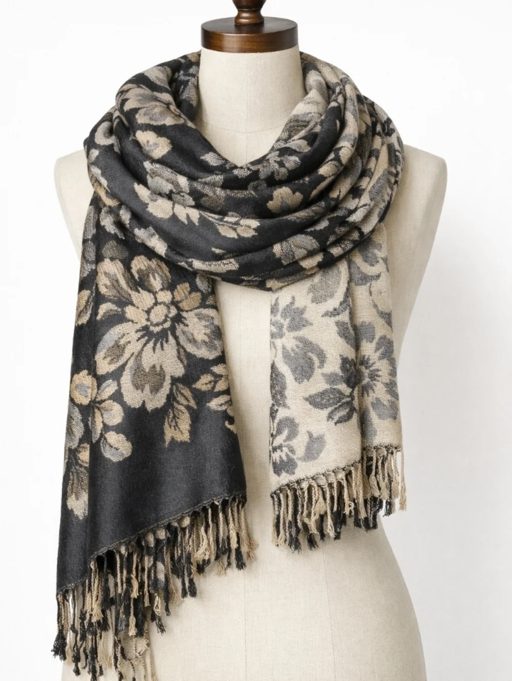 Reversible Silk Pashmina Scarf Wrap – Black Tan Cream Gray Floral